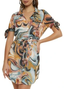 Psychedelic Print Button Front Tie Waist Shirt Dress