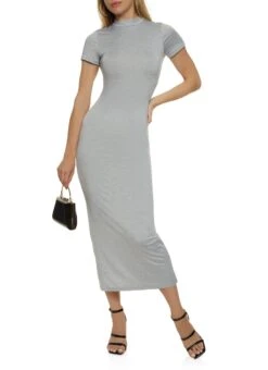 Solid Short Sleeve Mock Neck Maxi Dress