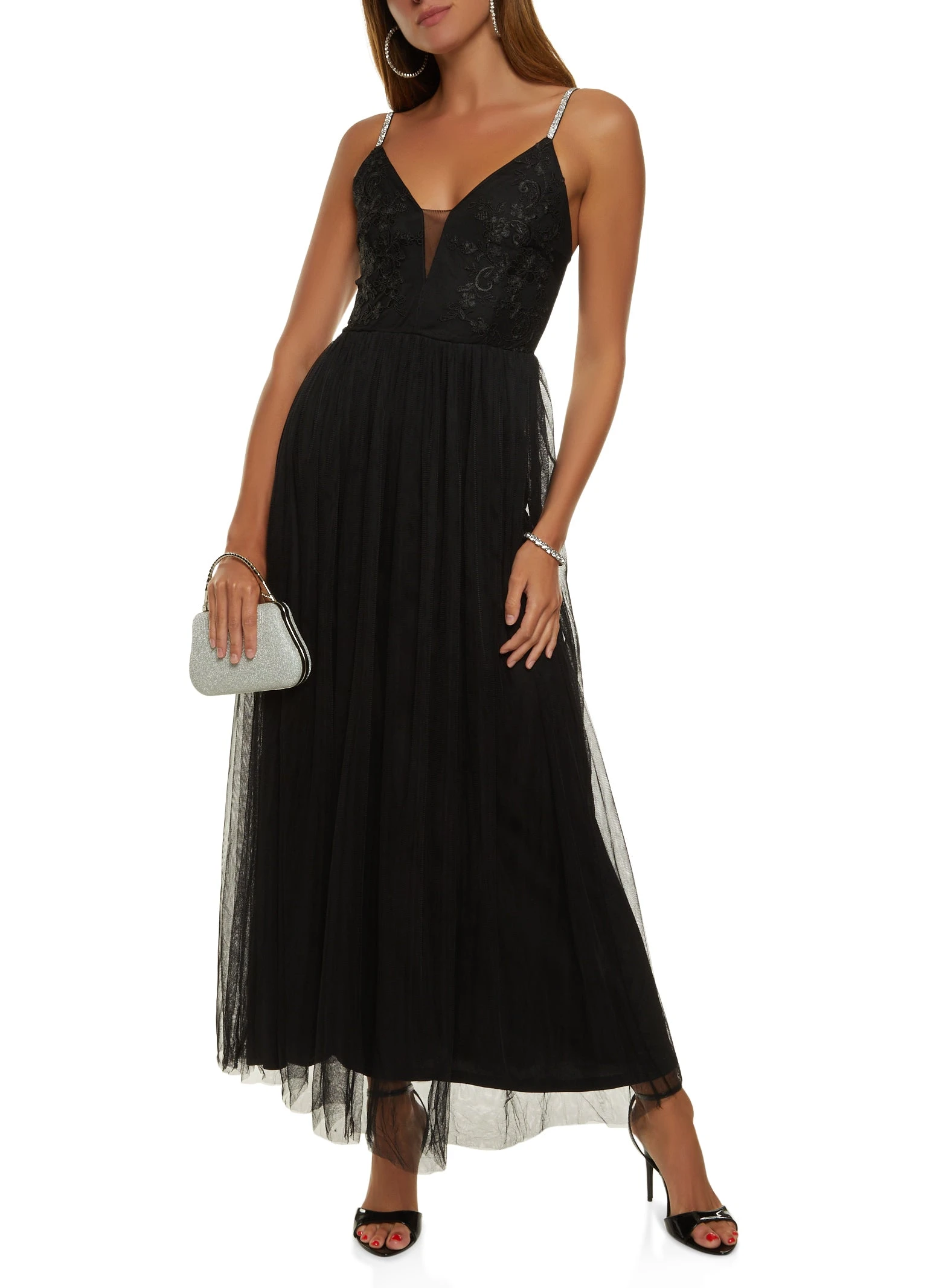 Rhinestone Strap Tulle Maxi Dress
