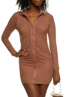 Mesh Ruched Mini Shirt Dress