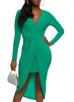 Solid Plunge Neck Wrap Dress