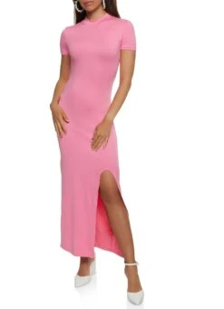 Mock Neck Front Slit Maxi Dress