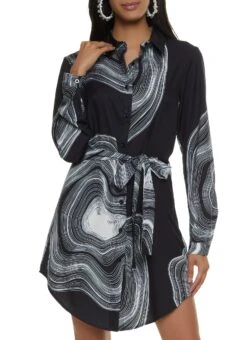Printed Tie Waist Belted Shirt Dress