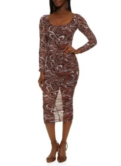 Psychedelic Print Mesh Ruched Midi Dress