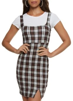 Crepe Knit Plaid Mini Dress With Ribbed Top