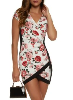 Contrast Trim Floral Print Tulip Hem Mini Dress
