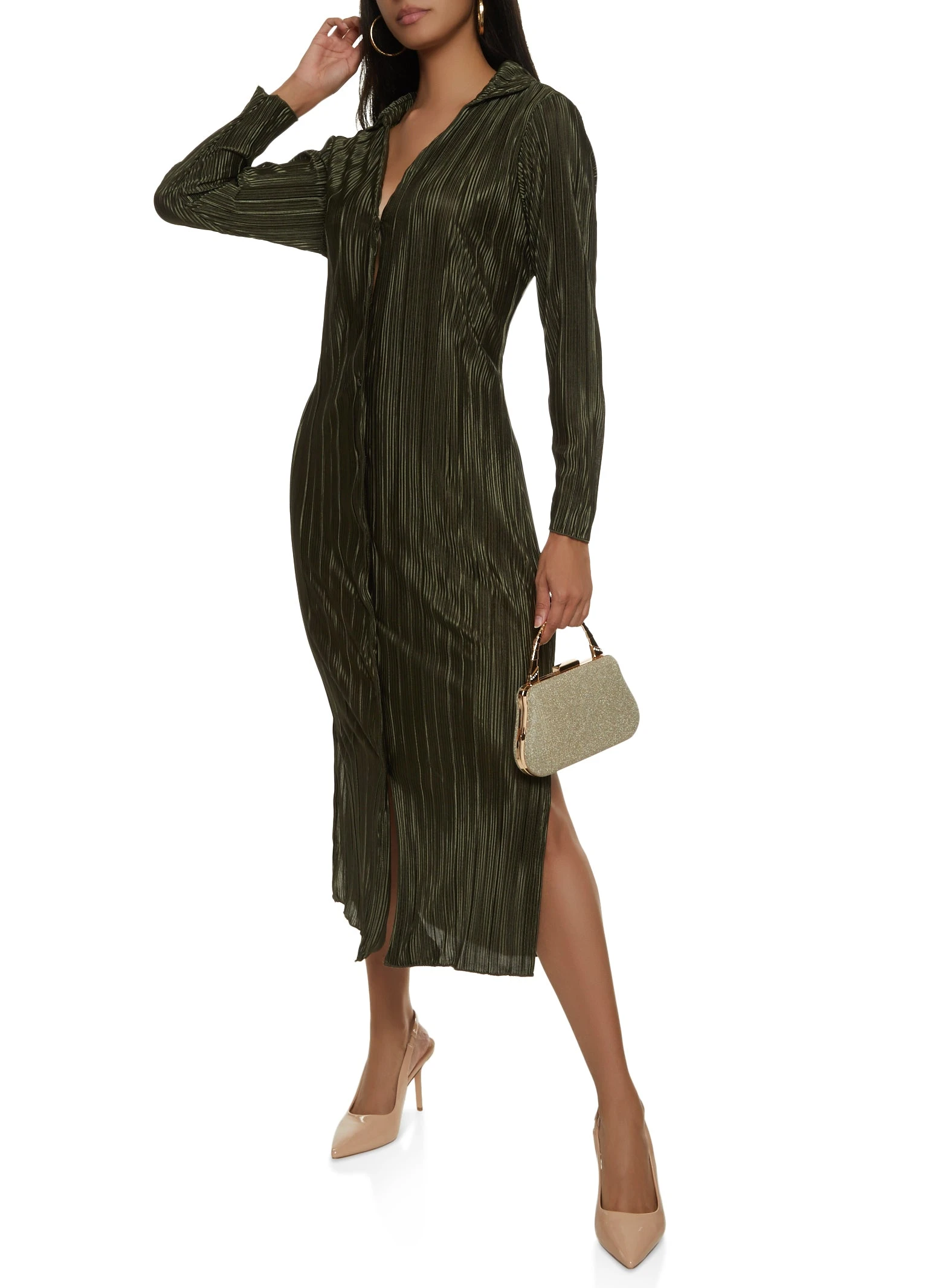 Plisse Button Front Maxi Shirt Dress