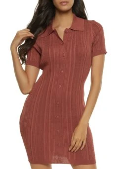 Ribbed Button Front Shirt Dress