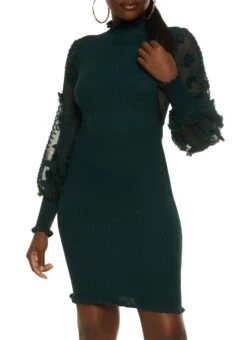 Organza Long Sleeve Mock Neck Dress