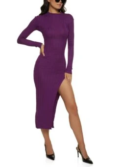 Ribbed Side Slit Sweater Maxi Dress