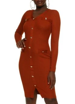 Long Sleeve Faux Button Front Midi Dress