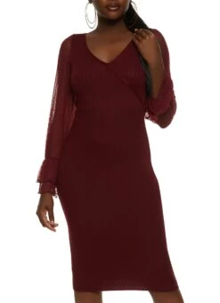 Mesh Tiered Bell Sleeve Ribbed Sweater Dress