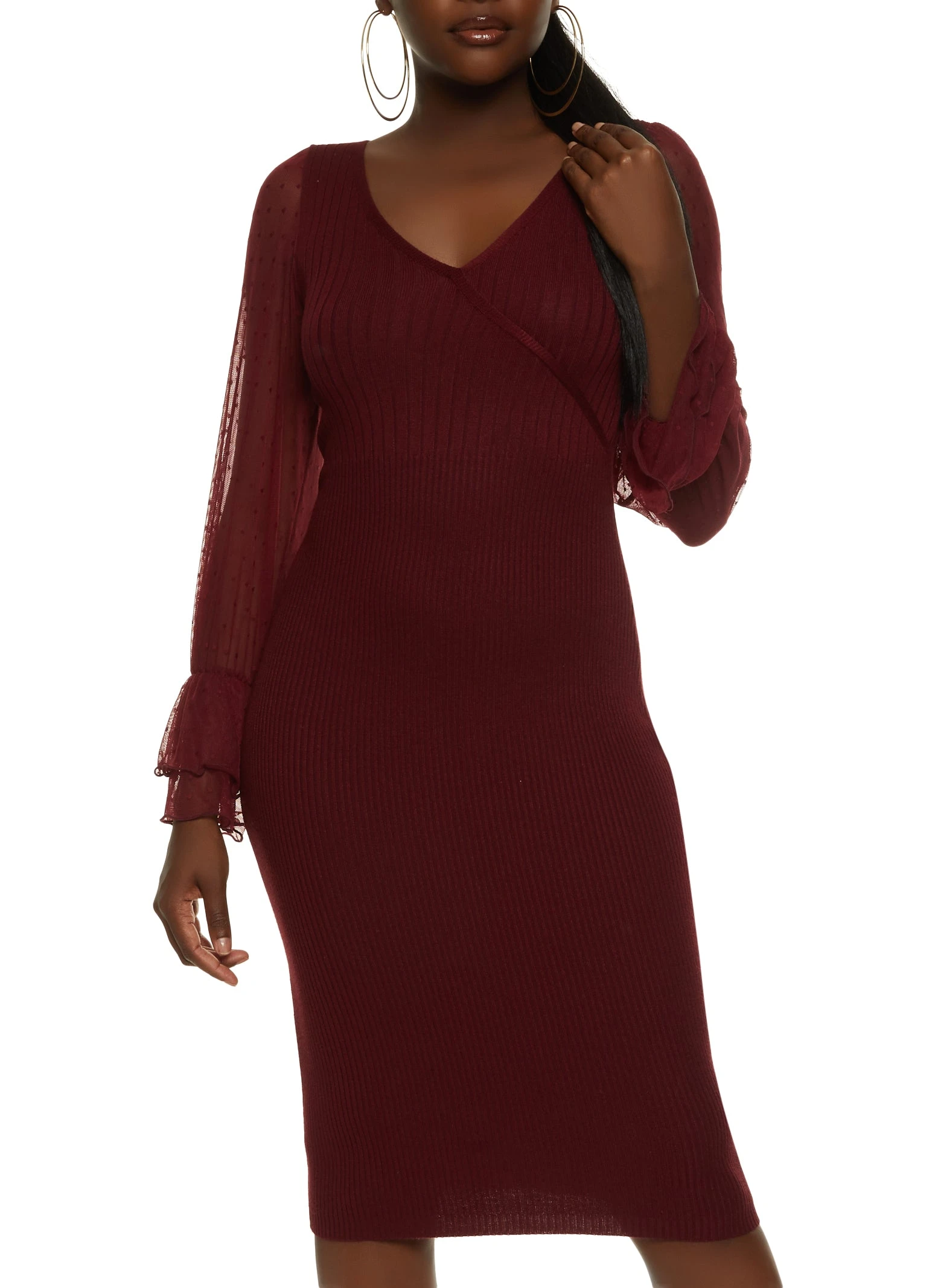 Mesh Tiered Bell Sleeve Ribbed Sweater Dress