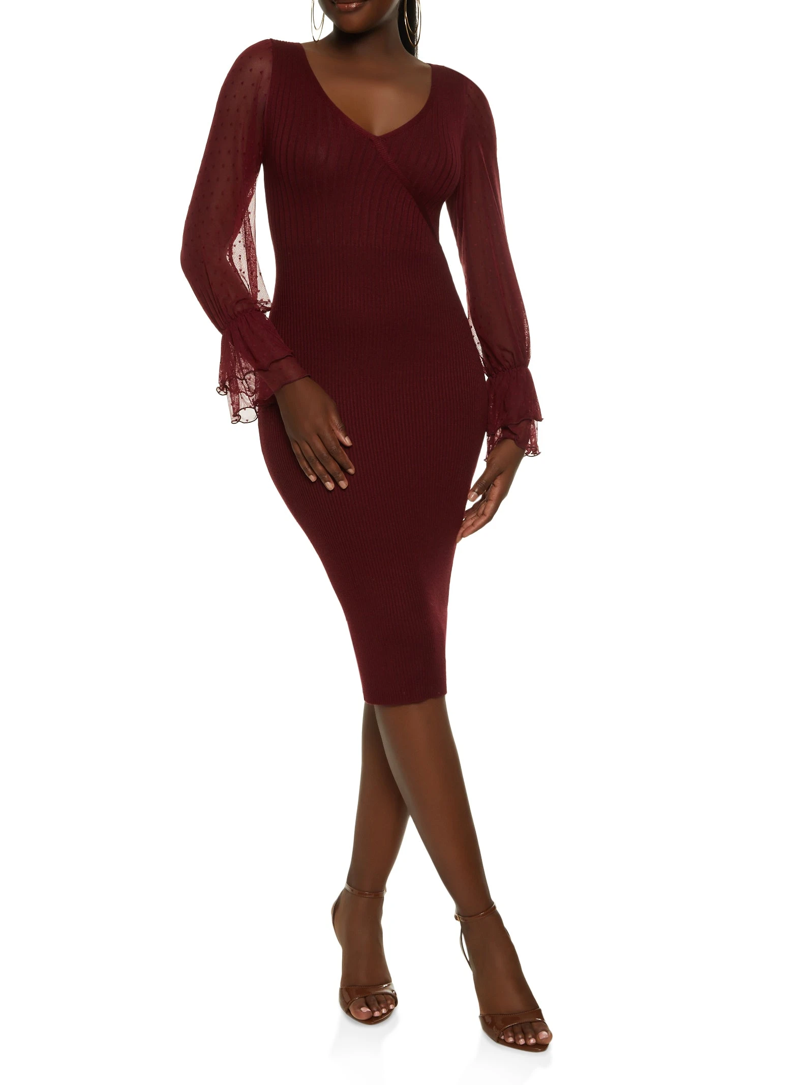 Mesh Tiered Bell Sleeve Ribbed Sweater Dress - Image 2