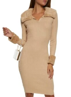 Faux Fur Trim Ribbed Sweater Dress