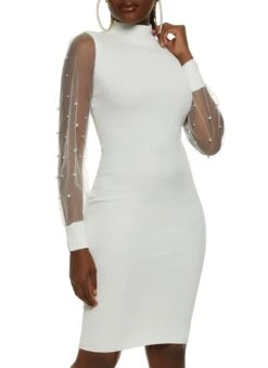 Ribbed Mock Neck Mesh Sleeve Mini Dress