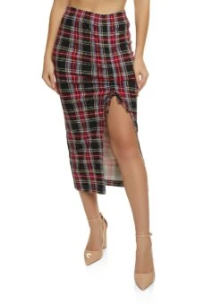 Plaid Ruched Side Slit Midi Skirt