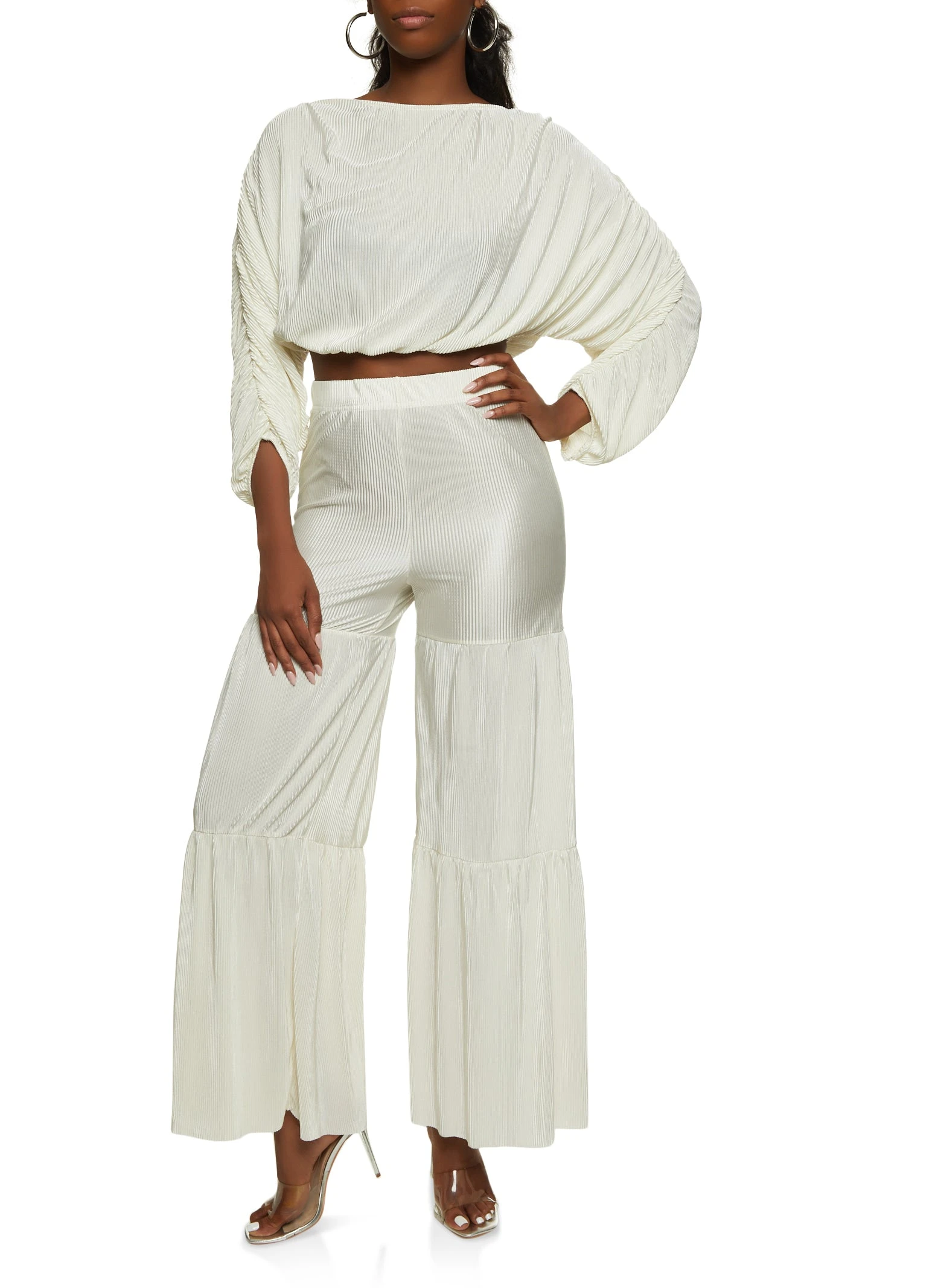 Plisse Ruched Sleeve Crop Top - Image 2