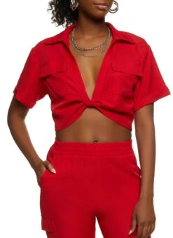 Crepe Knit Twist Front Pocket Shirt