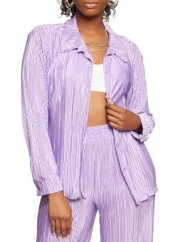 Solid Plisse Button Front Shirt