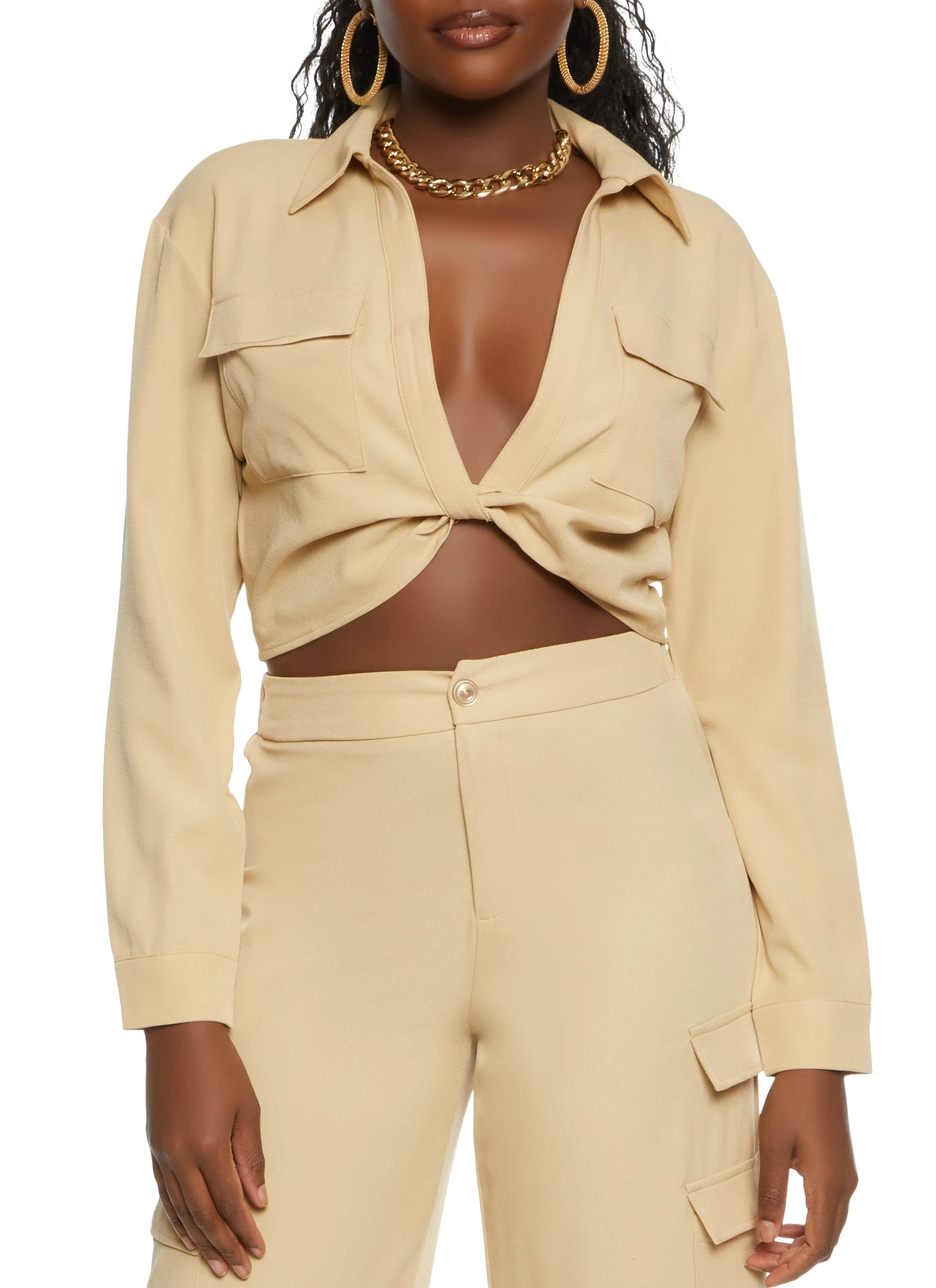 Pocket Detail Twist Front Crop Top