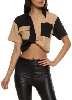 Color Block Twist Front Pocket Crop Top