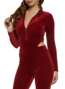 Velvet Burnout Half Zip High Cut Bodysuit