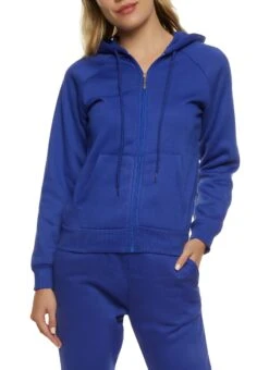 Solid Drawstring Zip Front Hoodie