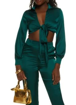 Satin Collared Tie Front Crop Top