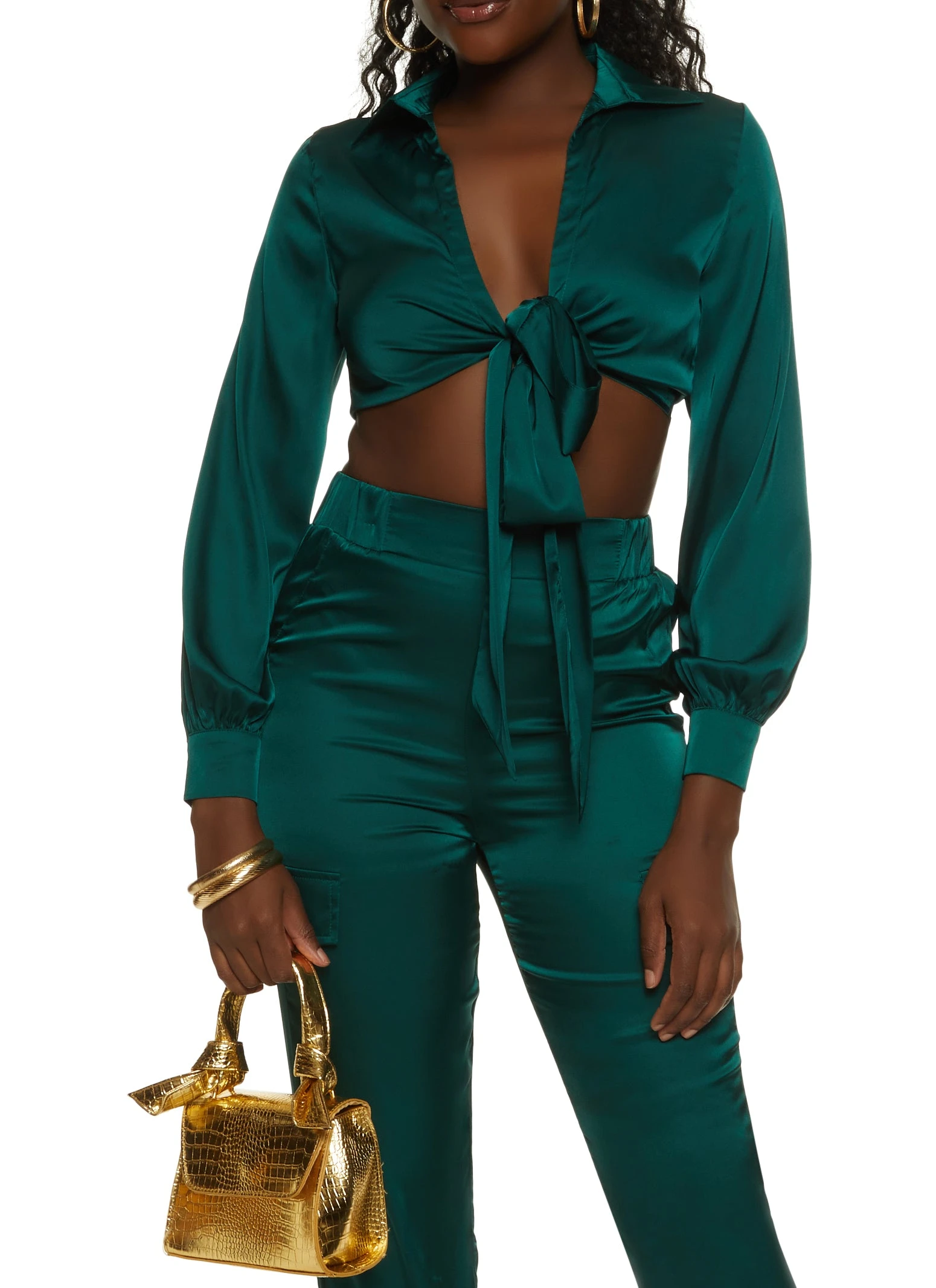 Satin Collared Tie Front Crop Top