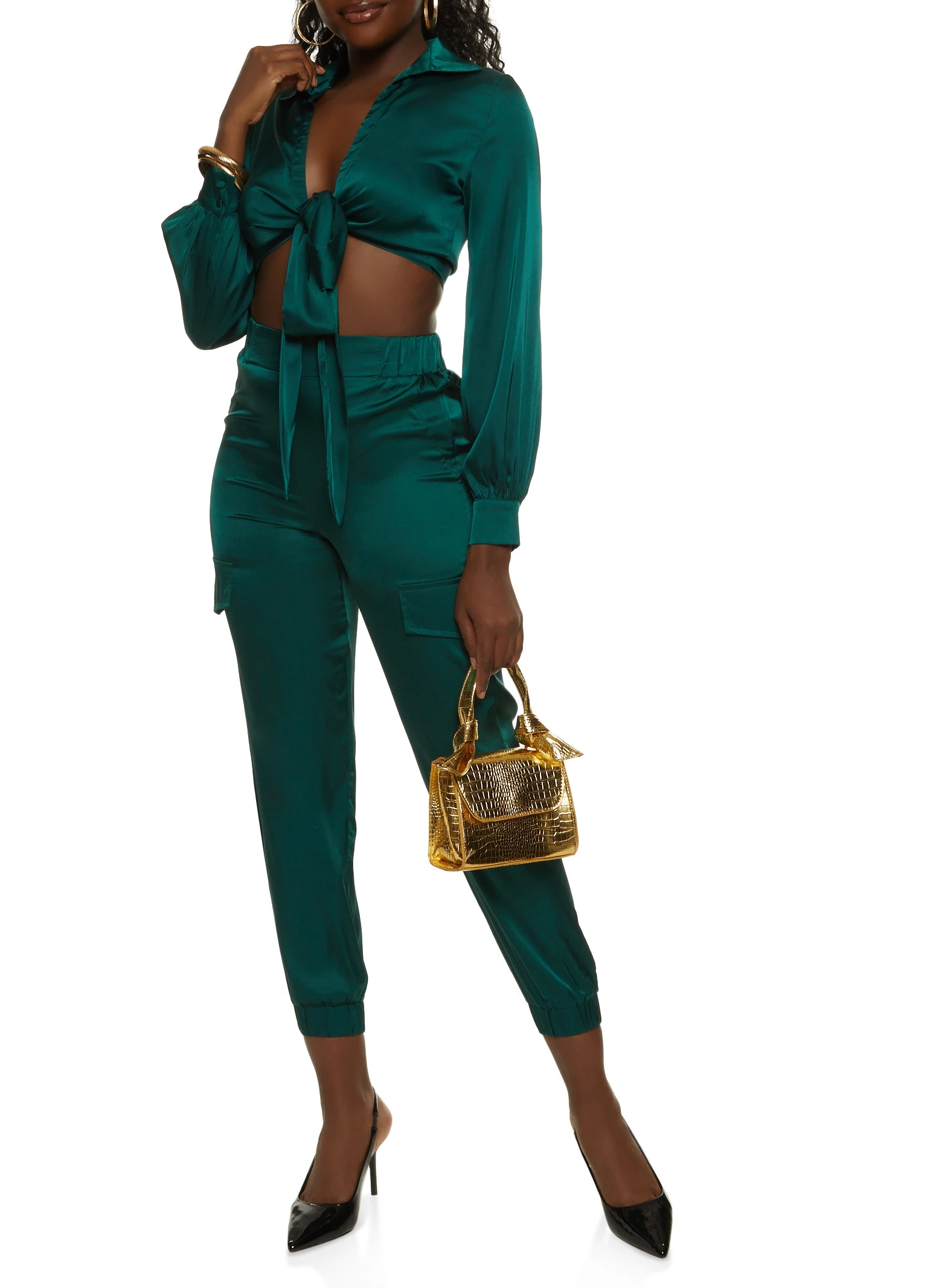 Satin Collared Tie Front Crop Top - Image 2