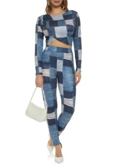Patchwork Print Crop Top And Leggings