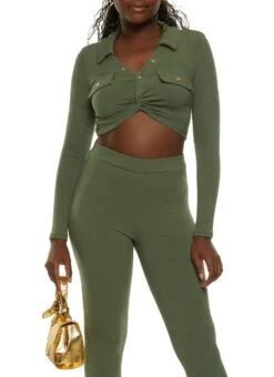 Rib Knit Collared Twist Front Crop Top