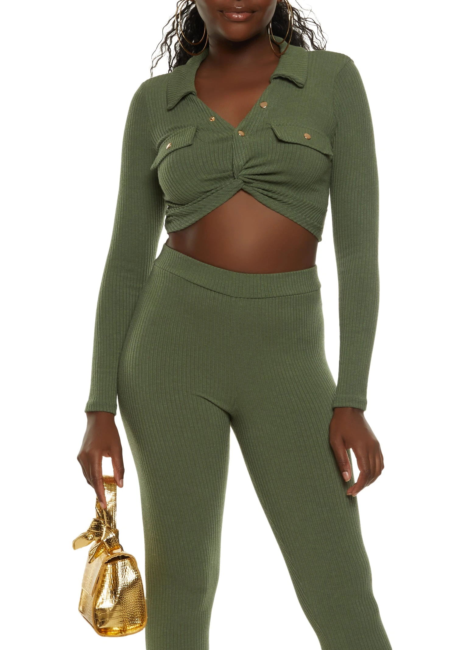 Rib Knit Collared Twist Front Crop Top