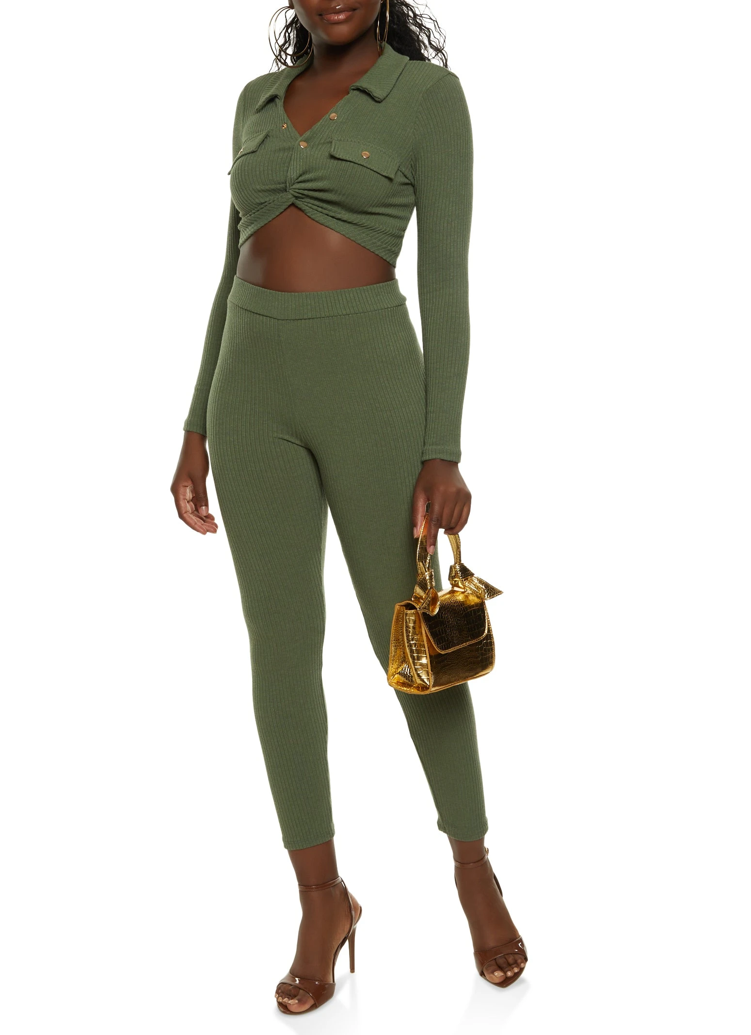 Rib Knit Collared Twist Front Crop Top - Image 2