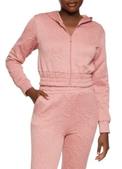 Embossed Zip Front Cropped Hoodie