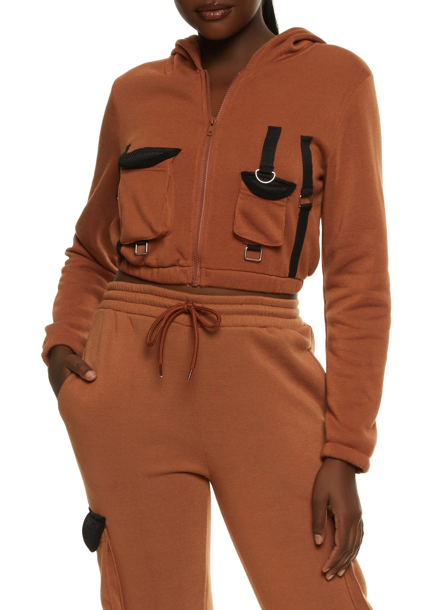 Fleece Cargo Pocket Cropped Hoodie