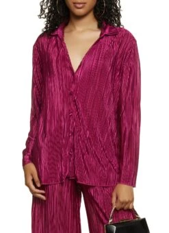 Plisse V Neck Button Front Shirt