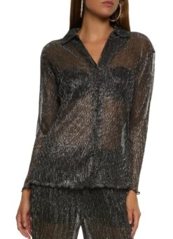 Lurex Plisse Button Front Shirt