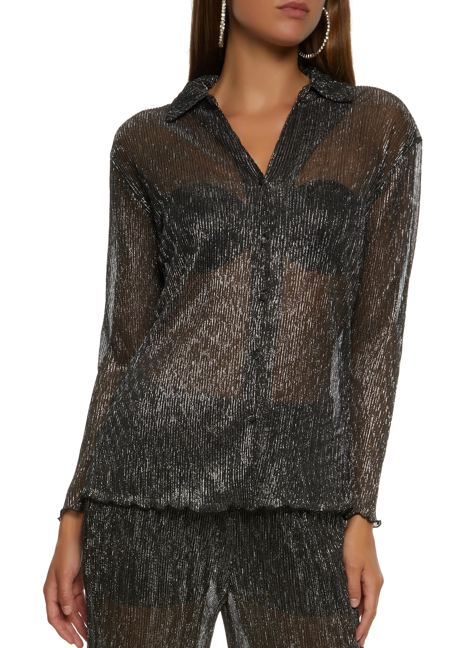 Lurex Plisse Button Front Shirt