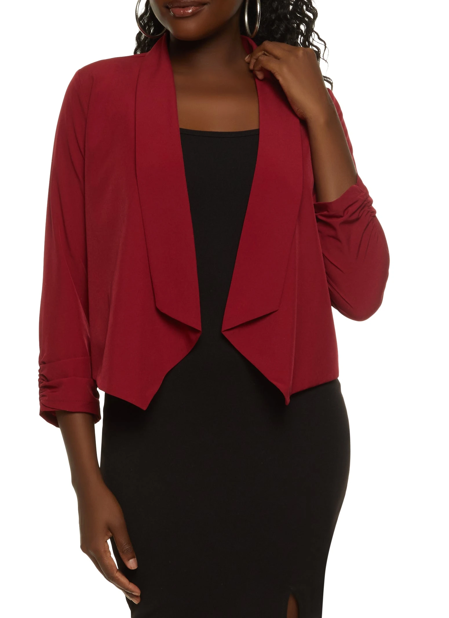 Solid Crepe Knit Ruched Sleeve Blazer