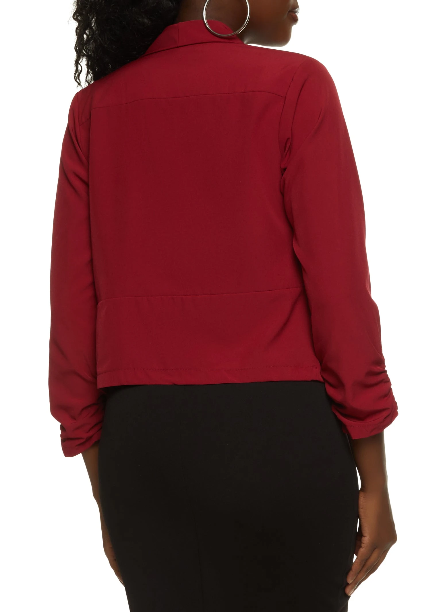 Solid Crepe Knit Ruched Sleeve Blazer - Image 2