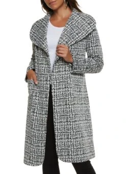 Patterned Shawl Collar Wrap Coat