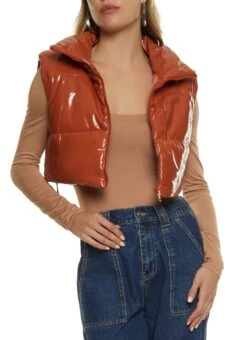 Faux Patent Leather Cropped Puffer Vest
