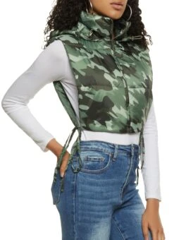 Side Tie Cropped Hooded Puffer Vest