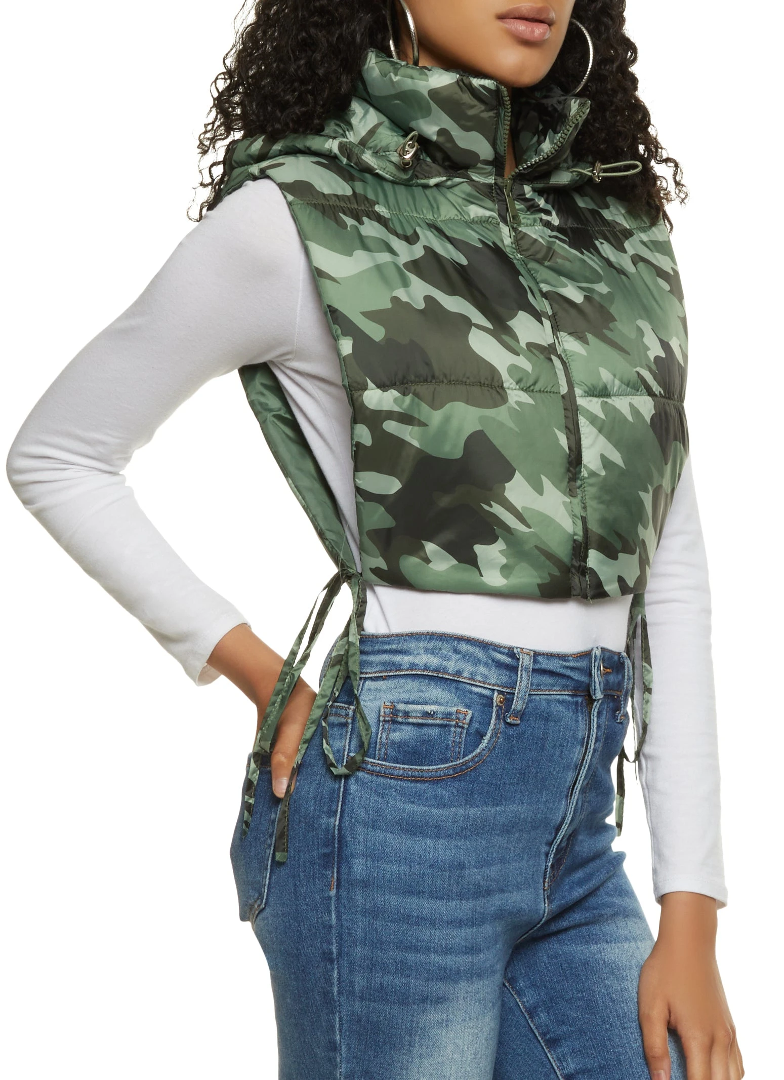 Side Tie Cropped Hooded Puffer Vest