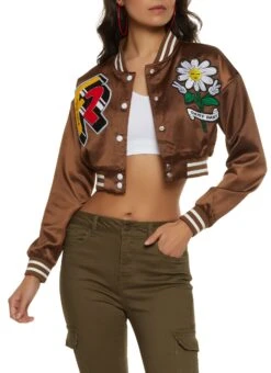 Satin Daisy Patch Cropped Varsity Jacket