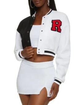 Color Blocked Cropped Letterman Jacket