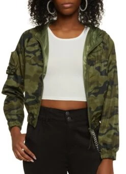 Camo Zip Front Hooded Windbreaker Jacket