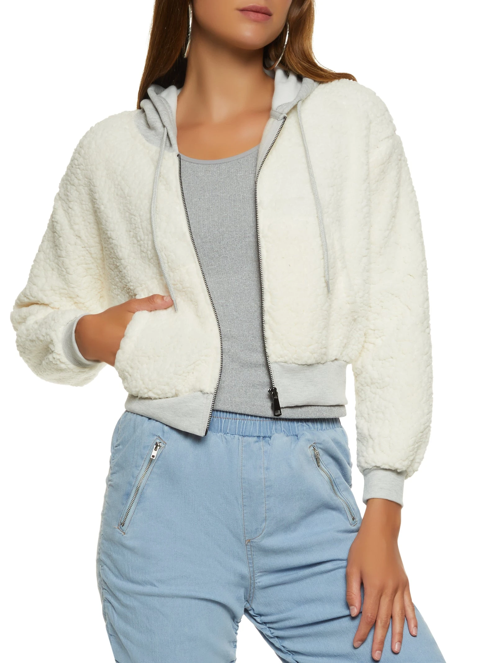 Hooded Zip Front Sherpa Teddy Jacket